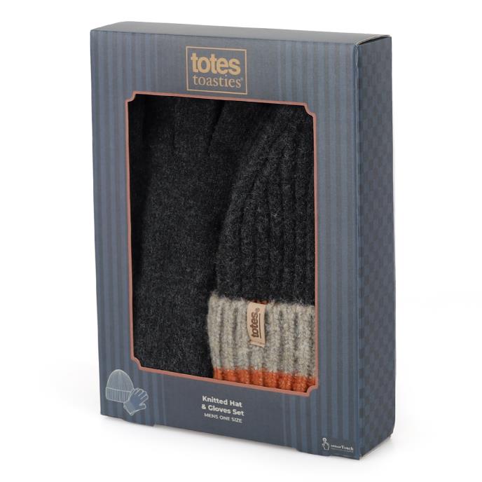 totes toasties® Mens Knitted Stripe Hat & Glove Set Charcoal Mix Extra Image 1